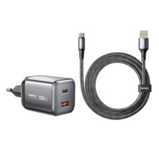 REMAX Set: Strujni punjač Wisdom GaN 1xUSB 3.0+1xUSB-C 100W + USB-C kabl CA-15, crni