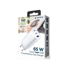 GEMBIRD TA-UC-PDQC65-01-W Gembird 3-port 65W GaN USB PowerDelivery fast charger, white