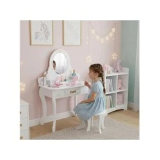 ECO TOYS Veliki drveni toaletni sto za decu sa ogledalom i roze dodacima, ECOTOYS