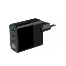 GEMBIRD TA-UC-PDQC30LCD-BK-02 Gembird GaN USB brzi punjac, 30W 3-port (2xUSB-A+ USB-C), LCD, black