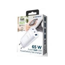 GEMBIRD TA-UC-PDQC65-01-W Gembird 3-port 65W GaN USB PowerDelivery fast charger, white