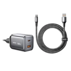 REMAX Set: Strujni punjač Wisdom GaN 1xUSB 3.0+1xUSB-C 100W + USB-C kabl CA-15, crni