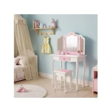 ECO TOYS Veliki deciji toaletni sto za devojcice sa trostrukim ogledalom, stolicom i fiokom, ECOTOYS